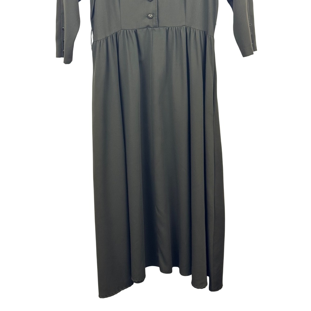 Vintage 80s Olive Green Midi Dress Prairie Cottagecore Dark Academia USA 13/14 - Picture 5 of 11